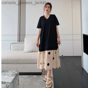 Tvådelt klänning #6273 Summer Black Split Joint T Shirt Dress Women Polka Dot False Two Piece Midi Dress Short Sle Loose V-Neck Streetwear L231221