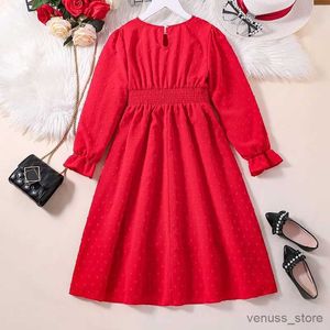 Flickans klänningar Kids Casual Dress for Girls Clothes 2024 New Autumn Winter Children Fashion Red Swiss Dot Long Sleeve Princess Dress 7-14Y