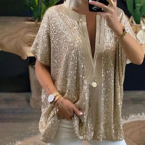 Women's T Shirts T-shirt Sequins Loose Female Women Short Sleeve Oversize Blouse V Neck Femme Tees Ladies Silver Gold Color Daily Life