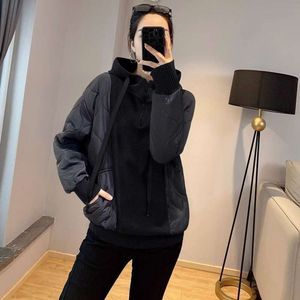 coat trapstar Black Hooded Thickened Hoodie Women's Autumn and Winter Cotton Patchwork Top 2023 New European Goods