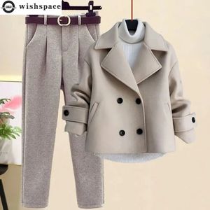 Autumn Winter Wool Suit Jacket Long Sleeve Knitted Sweater Casual Trousers Three Piece Set Elegant Women's Pant Set 231220