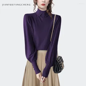 Women's Blouses Fashion Women High Neck Autumn Winter Purple Bottoming Shirt Lantern Sleeve Stretching Knitted Top Inner Wear Pullovers