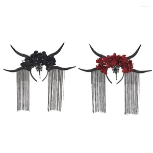 Grampos de cabelo E15E Devil Horns Headband Antílope Halloween Horn Goth Headpiece Tassel Day Of The Dead
