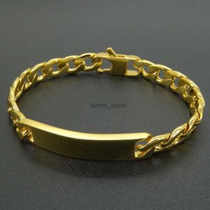 Bangle 18K Gold Color Bracelets 8 Inches 100% Stainless Steel Bracelet 9 mm Width ID Bar Curb Cuban Chain for Musculine Men WomenL231220