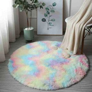 Rainbow Colorful Soft Fluffy Carpets Girl Round Hairy Area Rug For Bedroom Decoration Carpet shaggy Bedside Mat Princess Style 231221
