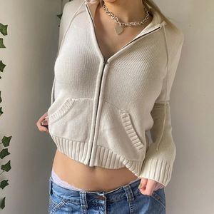 Womens Full Zip Knit Hoodies Casual Sweaters Solid Color Long Sleeve Drawstring Sweatshirts Cardigan Zip-up Y2K Clothing 231221