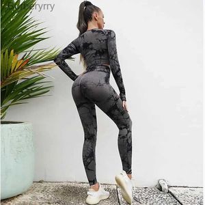 Active Set Seamless Tie-Dye Yoga Set Sports Fitness High midja HIP Raise Pants Long Sle Suit Träningskläder Gym Leggings Set för Womenl231221