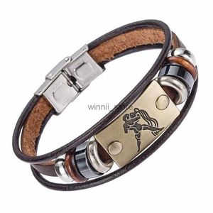 Bangle Drop Shipping Hot Selling Europe Fashion 12 zodiac signs Bracelet With Stainless Steel Clasp Leather Bracelet for Men B002L231220