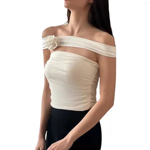 Kvinnors tankar Kvinnor Summer Y2K Bandeau Casual Solid Color Ruched Off-Shoulder Sleuntveless Crop Tops and Flower Scarf Streetwear Clubwear