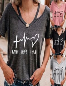 Vrouwen Zomer Geloof Hoop Liefde Letters Print T-shirt Sexy V-hals Korte Mouw Top voor Dames5470465