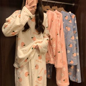 Женские милые пижамы из двух частей персиково-кораллового флиса в стиле каваи, свободная домашняя одежда с плюшевой подкладкой на осень и зиму