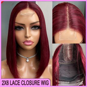 Wholesale Price Malaysian Peruvian Indian Wine Red 100% Raw Virgin Remy Human Hair Silky Straight 2x6 Transparent lace closure Bob Wig