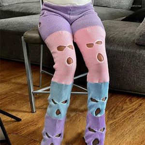 Calças femininas Balaclava Outono Mulheres Streetwear Cintura Alta Empilhado CS Bloco de Cores Oco Out Corte Patchwork Calças de Camisola de Malha