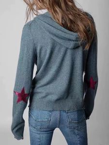 Cardigans ZESSAM Letter Star Patch Jacquard Knit Women Hooded Cardigans Long Sleeve Straps Zipper Female Sweater Casual Lady Tops 2022