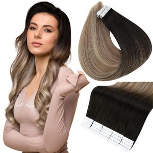 Tape in Hair Extensions Ombre Color 2/6/18 Balayage Off Black Fading to Ash Brown and Light Blonde Ombre Hair Tape in Extensions 100g/40pcs