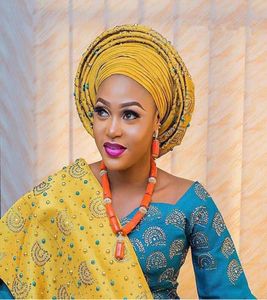 Yeni Tasarım Aso Oke Headtieyellow African Aso Oke Headtie Nijerya Nijeryalı Afrikalı Kadınlar İçin Düğün Partisi 2 Parça 308500755