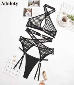 Aduloty Summer New Women039s Mesh Stitching Fishing Net Hollow Out Set Thin Gathered Erotic Lingerie Bra Thong three piece set 4967638