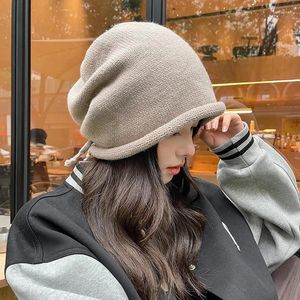 Berets Korean Fashion Drawstring Crimped Knitted Beanies Hat Autumn And Winter Ins Retro Literature Art Stacking Caps For Woman