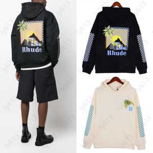 Rhude Hoodies para homens, designer de capuz de uma peça, moletom de moletom com capuz suéter de suéter pôr do sol, letra de corrida de coco, impressão casual moletom com capuz