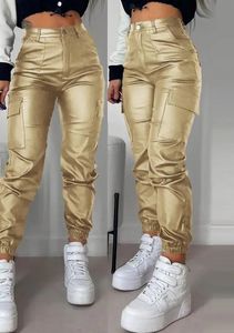 女性Sパンツ2023サマーファッションポケットデザインPUレザーカジュアルプレーンハイウエスト毎日の長いカフ付きY2Kストリートウェア231220