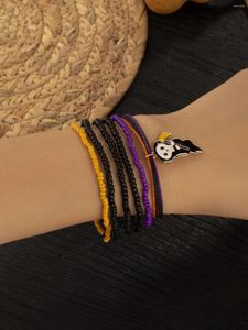 Strang 6 Damen-Armband-Set mit Halloween-Elementen, Schwarz-Lila-Glas, Reisperlen, Legierung, Todesgeist, zum Aufhängen