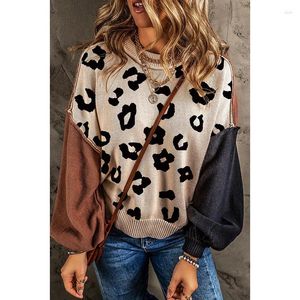 Kadın Sweaters Kadın Fener Kollu O Boyun Leopar Çizgili Külot Jumperlar Gevşek Fit Patchwork Örgü Sonbahar 2023 High Street