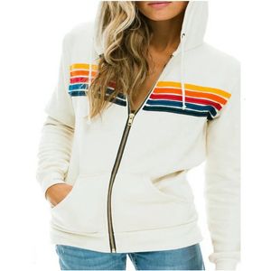 Damen-Nation-Sweatshirt mit Reißverschluss, 5-Streifen-Regenbogen-Langarm-Kapuzenpullover, locker gestrickter Pullover 231220