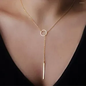 Choker Kvinnor Tillbehör Fashion Gold-Color Metal Chain Bar Circle Lariat Necklace Long Strip Pendant Halsband smyckesdesign