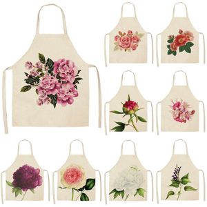 Avental de cozinha de padrão de flor de 1pc para mulheres sem mangas de linho de algodão Aventais Chef Chef Ferramentas de Limpeza de Baking Bibs 55x68cm