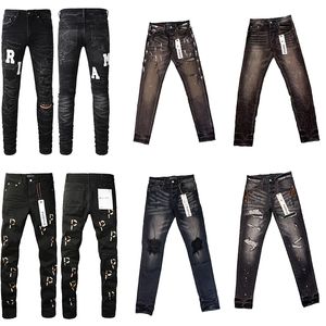 Lila för mens jeans designer denim byxa orolig rippad cyklist svart blå jean smal fit motorcykel
