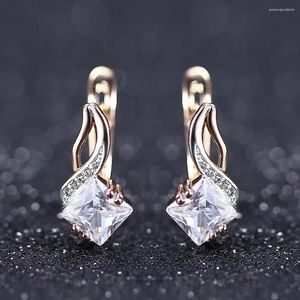 Stud Earrings Square Paved Clear CZ For Women Girls 585 Rose Gold Color Elegant Jewelry Birthday Christmas Gifts GE302