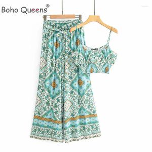 Kvinnors tvåbitar byxor Boho Queens Women Outfits Off Axel ärmlösa toppar Bohemiska Sashes Drawstring 2 Pieces Set