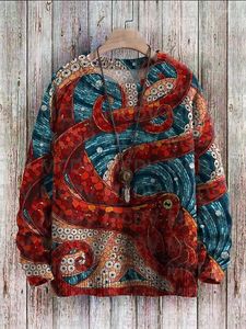 Мужские толстовки с милым красным осьминогом, мозаикой, художественным узором и принтом, повседневный вязаный пуловер, свитер для женщин