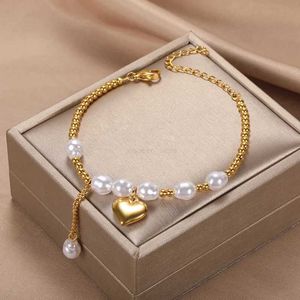 Beaded Fashion Double Layer Pearl Armband Crystal Heart Pendant Armband för kvinnor Rostfritt stål Party Bride Jewelry Gift 2022L231221