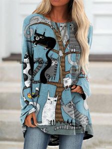 T-shirt Cartoon Katzen Auf Die Baum Drucken T-shirt Langarm Frauen Plus Größe Tops Casual Runde Beck Lose Femme Pendeln kleidung