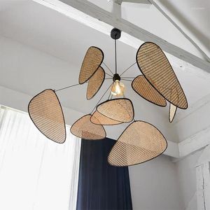 Lâmpadas pendentes rattan tecelagem candelabro lâmpada de vime pétalas pendurado iluminação flor japão estilo luzes para sala de estar jantar mesa barra