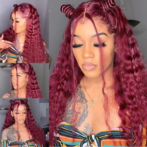 99J Kinky Curly 13x4 Spets Front Wig Brazilian 100% Human Hair Burgogne Color 130% 150% 180% Densitet 10-32 tum