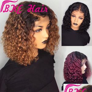 Synthetic Wigs 1B/Blonde Ombre Short Kinky Curly Simation Human Hair Wigs Pre Plucked Black /Bury Red Synthetic Lace Front Bob Wig He Dhca1