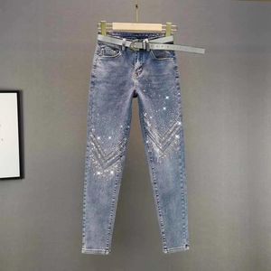 Jeans 2022 Bahar Sonbahar Ağır Sanayi Sıcak Rhinestone Skinny Jeans Kadın Elastik Yüksek Bel Dokuz Puan Pantolon Kadın Kot Kot