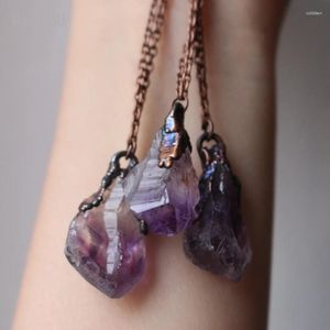 Pendant Necklaces 10Pcs Wholesale Antique Bronze Color Tin Soldered Amethysts Necklace Raw Crystal Boho Hippie Electroformed Jewelry NM42879