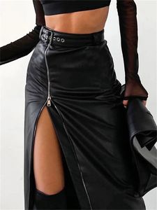 wsevypo Черные юбки-карандаш из искусственной кожи с высокой талией Винтажная женская уличная одежда в стиле гранж на молнии с разрезом облегающая юбка-миди с поясом 231220