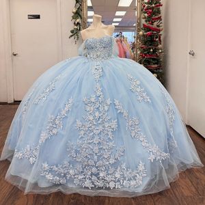 Sky Blue Shiny Quinceanera Dresses Ball Gown Off the Shoulder Tulle Applicies spets tull puffy mexikanska söta 16 klänningar 15 anos