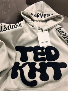 Hoodies masculinos americano high street letras bordadas oversize hong kong estilo solto de manga comprida com capuz moletom de veludo para o sexo feminino