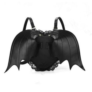 Y2K Black Harajuku Style Gothic Lolita Heart Shaped Lace Devil Bat Wings Backpack Street Vintage Packsack Student School Bag 231220