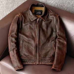 Men's Leather Style Genuine Jacket Vintage Brown Cowhide Coat Men Slim Fashion Biker Asian Size Factory mark-down sale