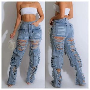 Mujeres Agujeros desgastados Pantalones de carga de mezclilla Moda Multi bolsillos Botón de cintura alta Fly Ripped Jeans Pantalones rectos Streetwear 231220