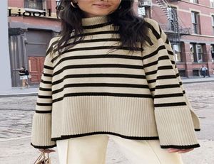 Black And White Stripe Sweater Streetwear Loose Tops Women Pullover Female Jumper Long Sleeve Turtleneck Knitted Ribbed Sweaters 29638161