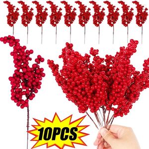 Dekorative Blumen 1/10pcs künstliche rote Beeren Zweige Weihnachten Holly DIY Schaum gefälschte Blumenschmuck Jahr Dekoration