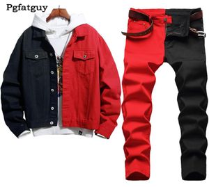 Autumn Winter Tracksuits nya sömmar Jeans Two Piece Set Men039s Red Black Slim Fit Denim Jacket and Stretch Pants Ropa Hombr6865483