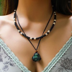 Pendant Necklaces IngeSight.Z Bohemian Natural Crystal Original Stone Mesh Pocket Necklace Set Women Retro Wood Beaded Adjustable Neck